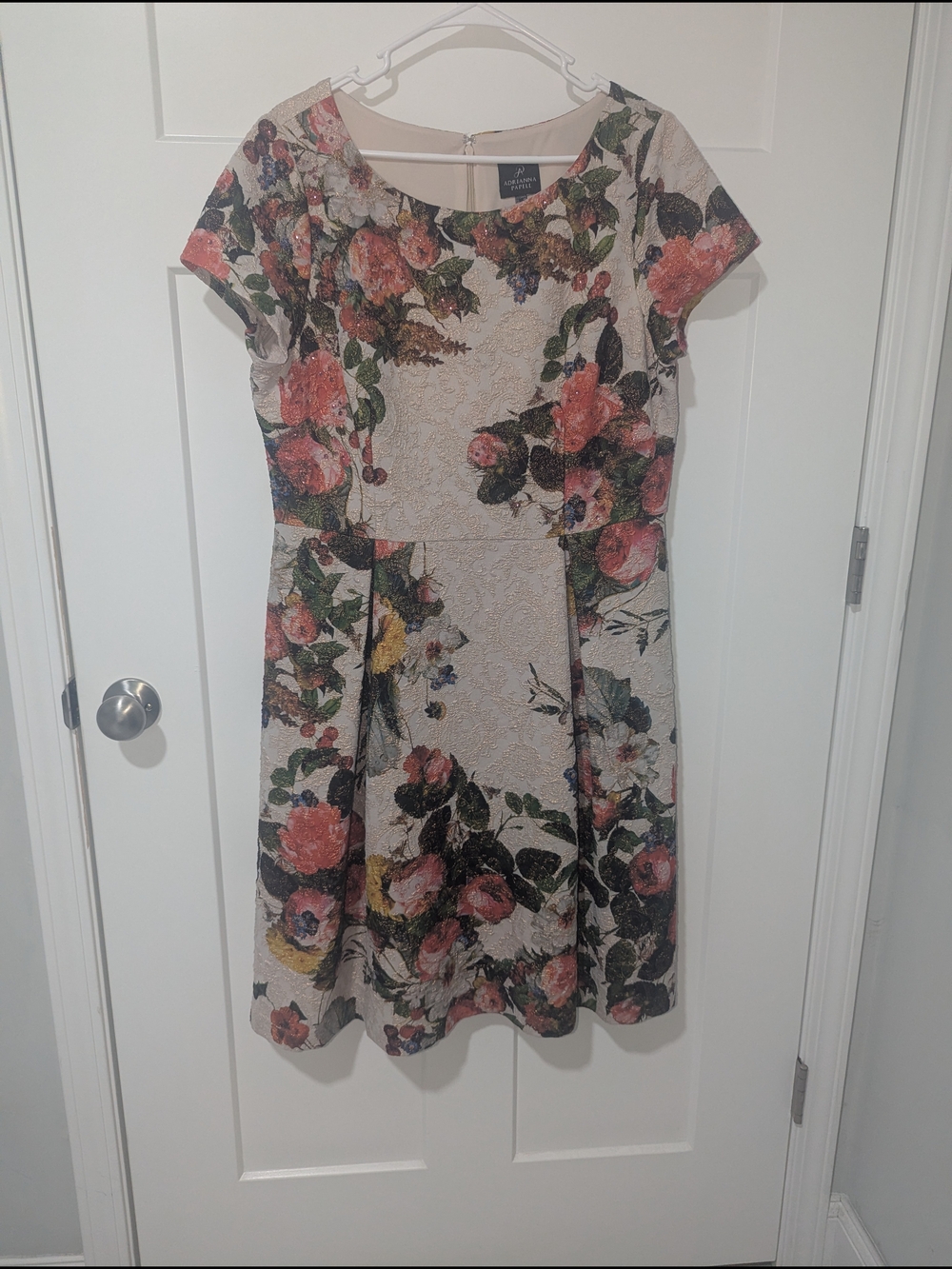 Adrianna Papell Cream Mini Dress with Pink and Green Floral Pattern